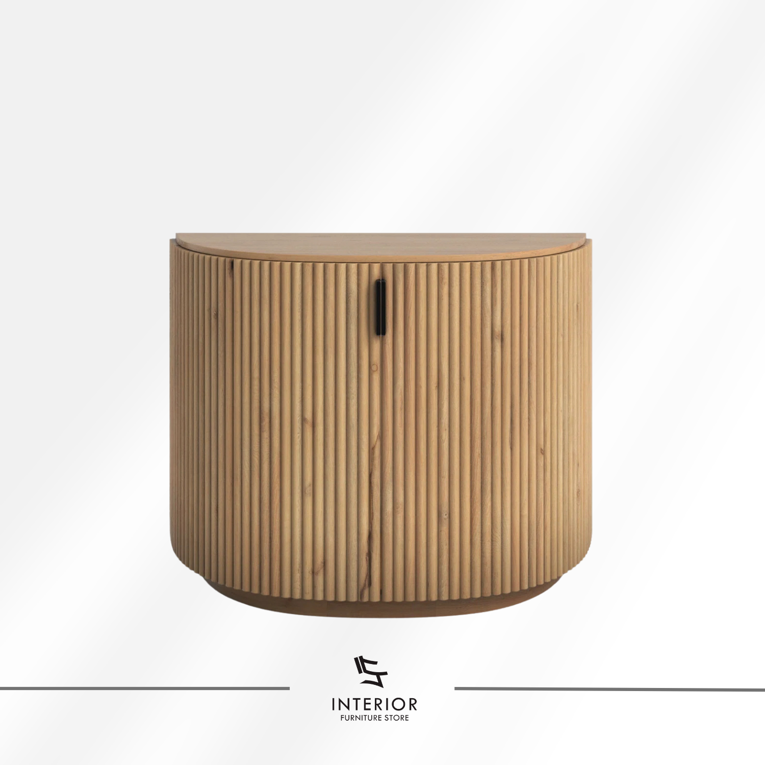 Varesta curved corner cabinet with rounded design and interior storage shelves