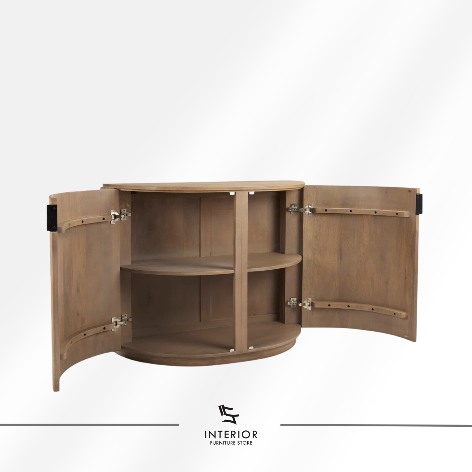 Varesta curved corner cabinet with rounded design and interior storage shelves
