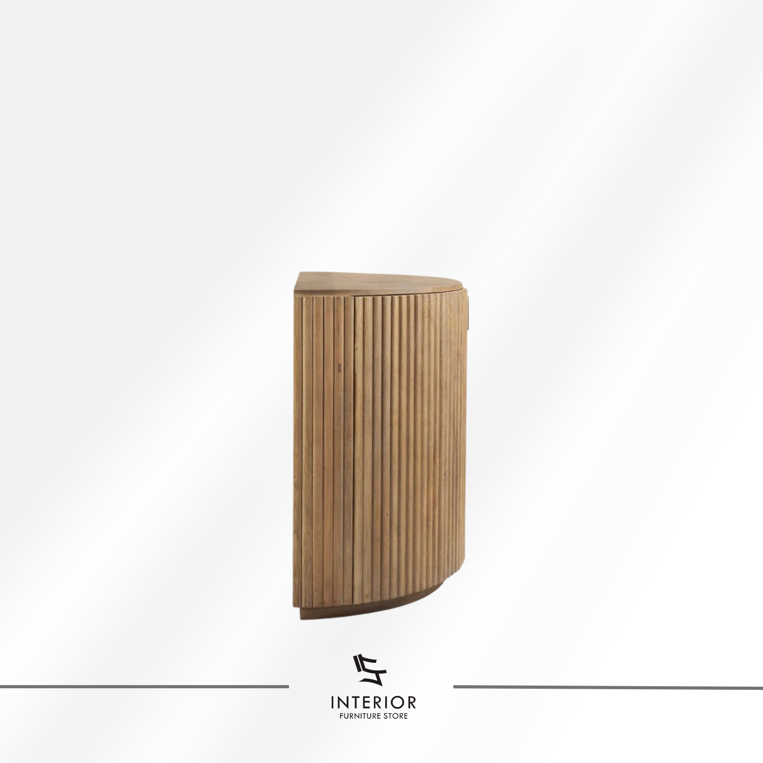 Varesta curved corner cabinet with rounded design and interior storage shelves