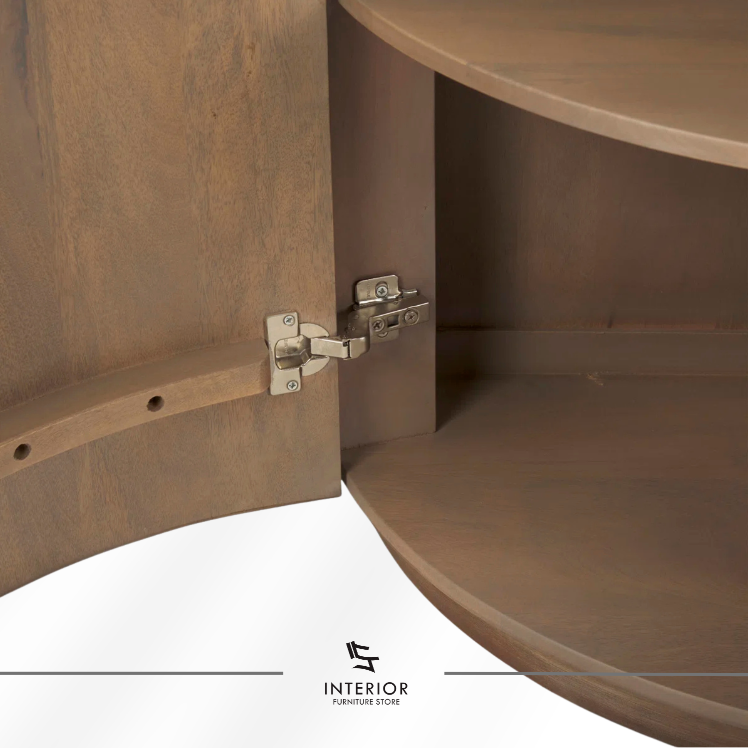 Varesta curved corner cabinet with rounded design and interior storage shelves
