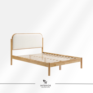 Akasa upholstered wooden bed frame with curved fabric headboard and solid wood frame