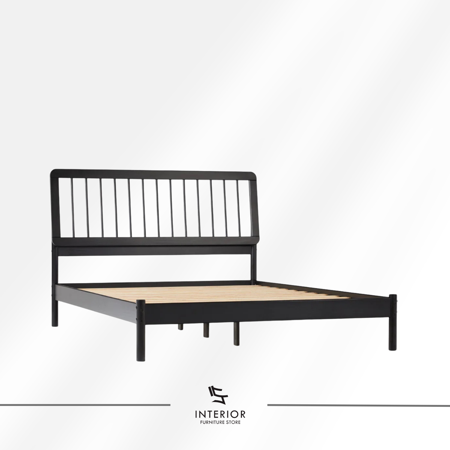 Arvano modern black wooden bed frame with vertical slatted headboard