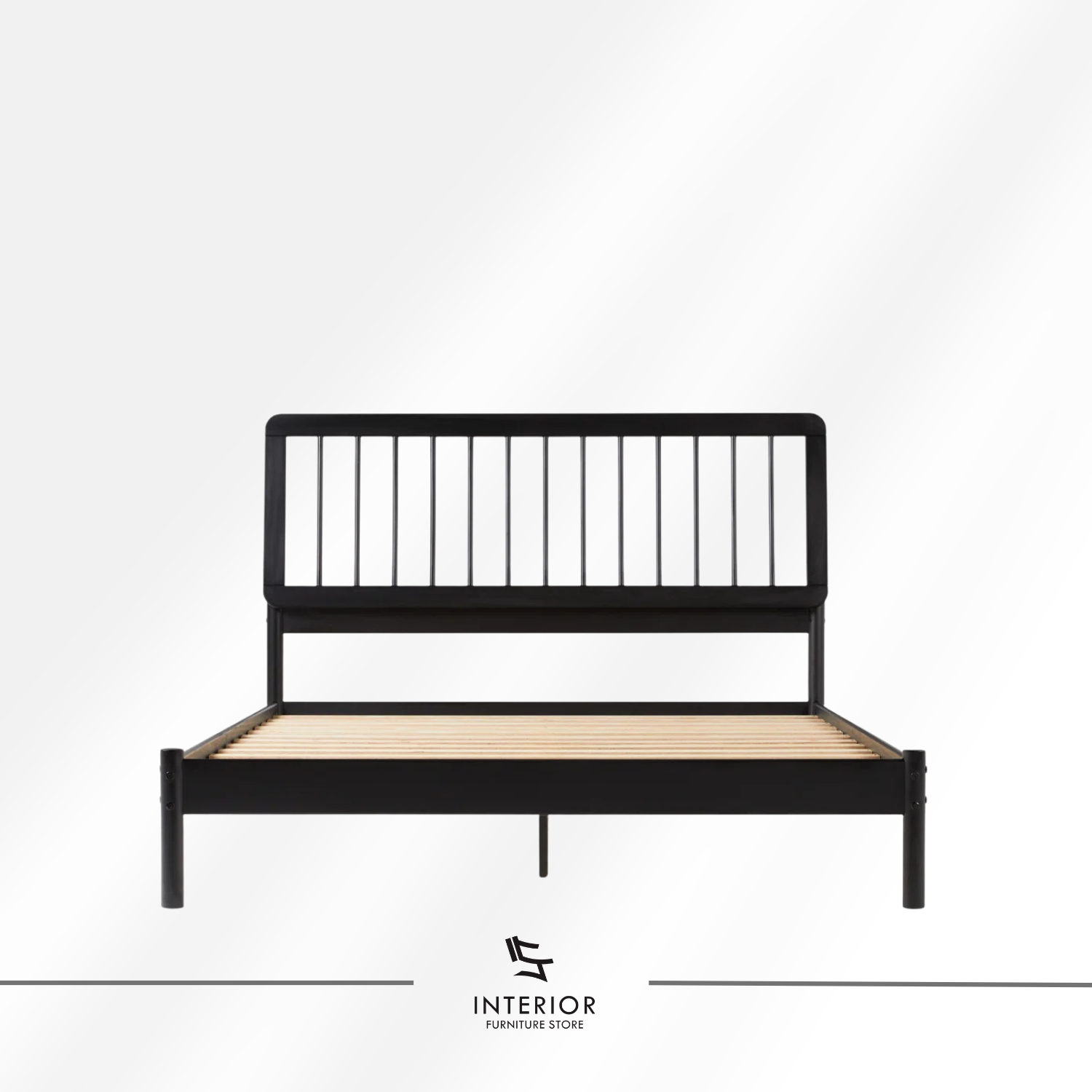 Arvano modern black wooden bed frame with vertical slatted headboard