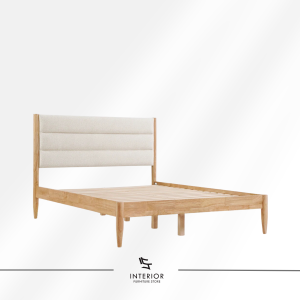Candranta upholstered wood bed with padded fabric headboard and solid wooden frame