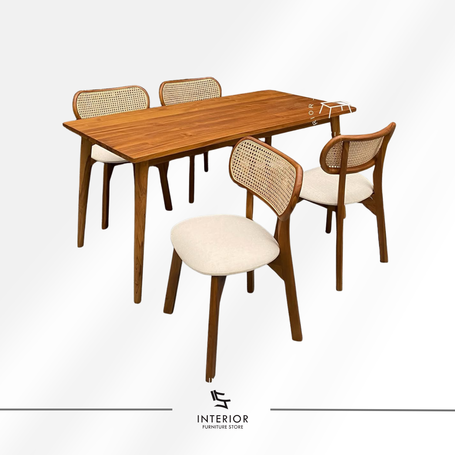 Kacang cane dining set with solid wood table and woven cane dining chairs