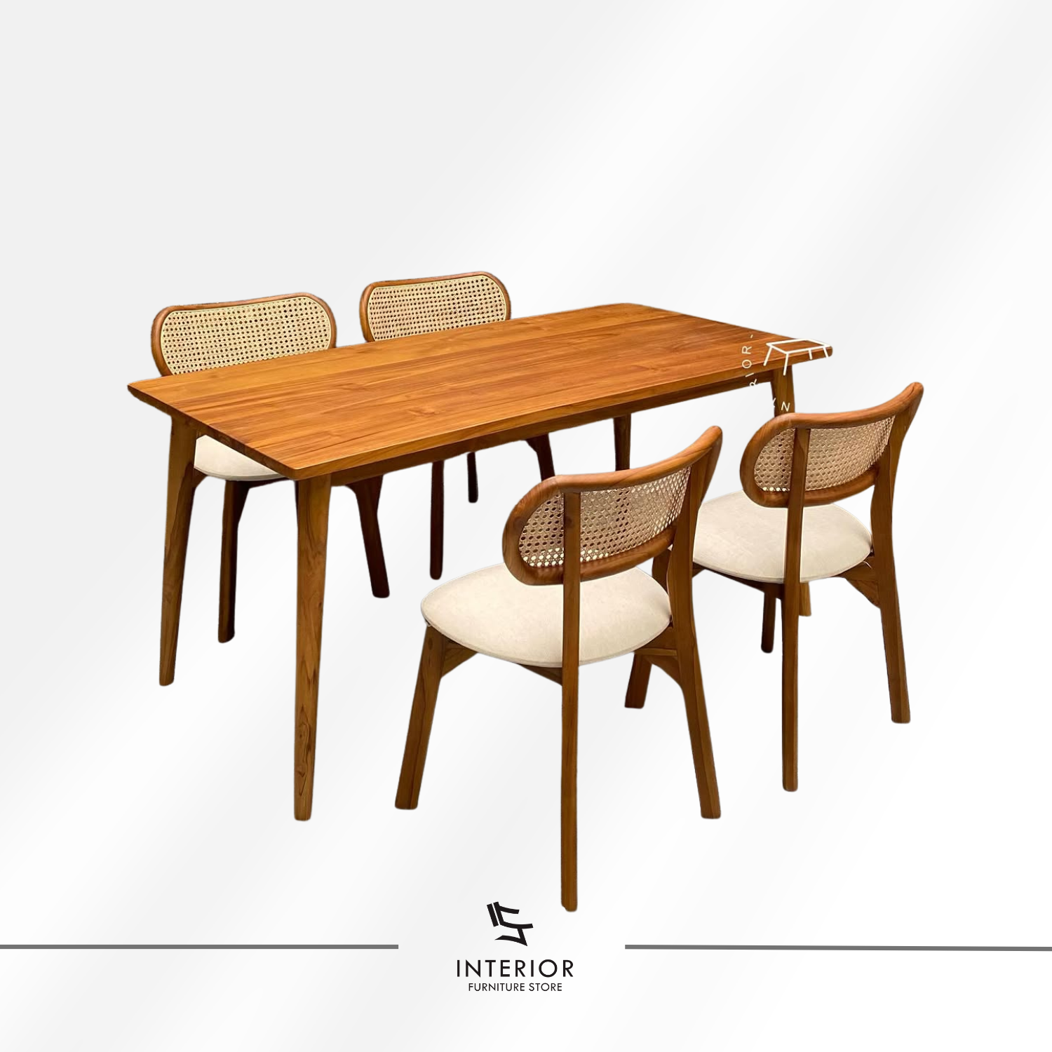 Kacang cane dining set with solid wood table and woven cane dining chairs