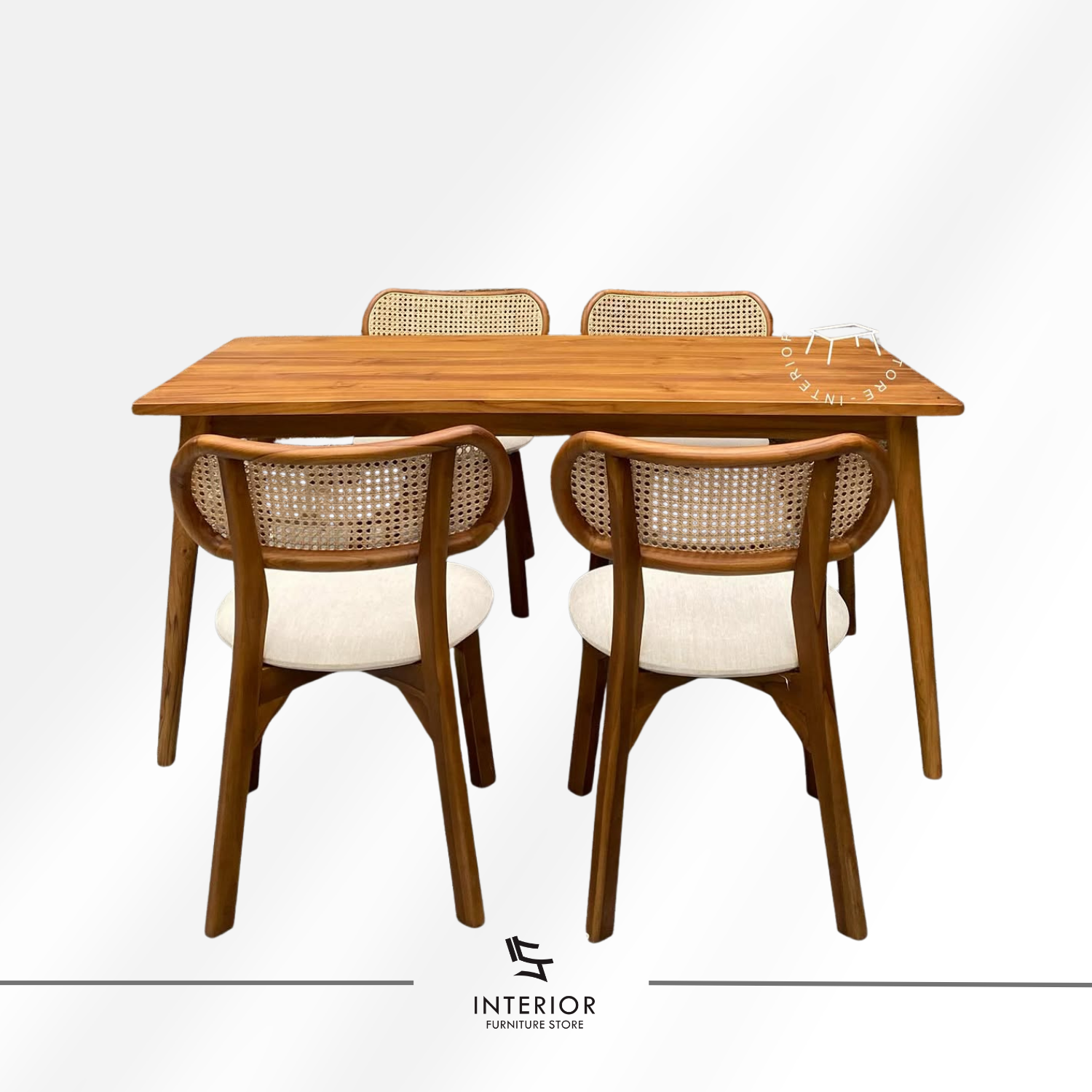 Kacang cane dining set with solid wood table and woven cane dining chairs