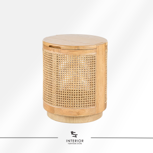 Mandala rattan side table with hidden storage and solid wood frame