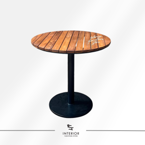 Mohini outdoor round table with solid teak slatted top and metal pedestal base