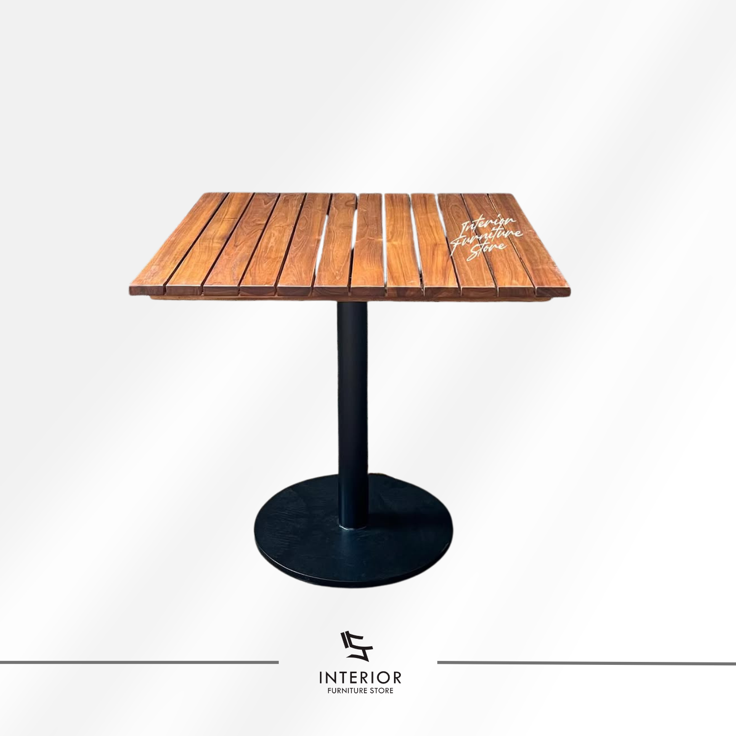Mohini square outdoor table with solid teak slatted top and black metal pedestal base