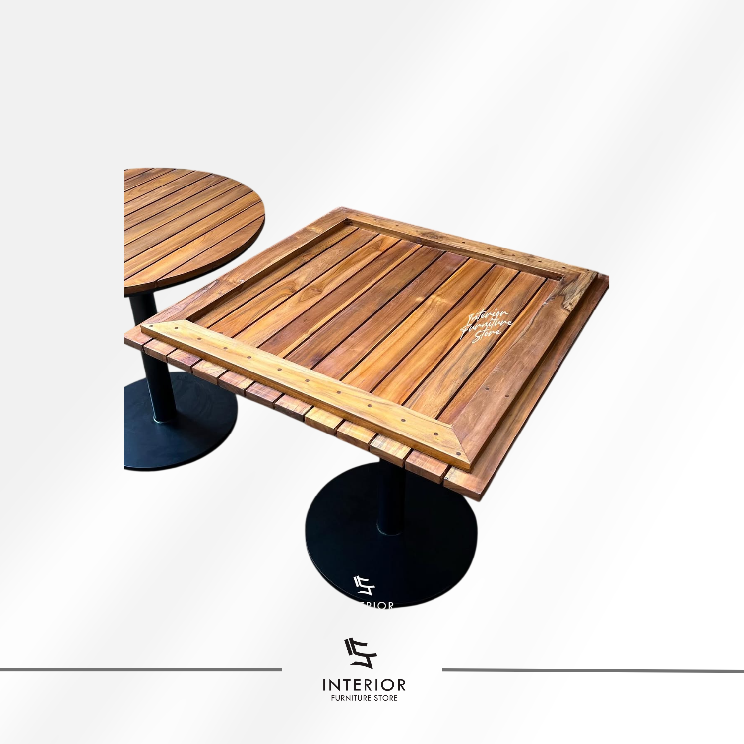 Mohini square outdoor table with solid teak slatted top and black metal pedestal base