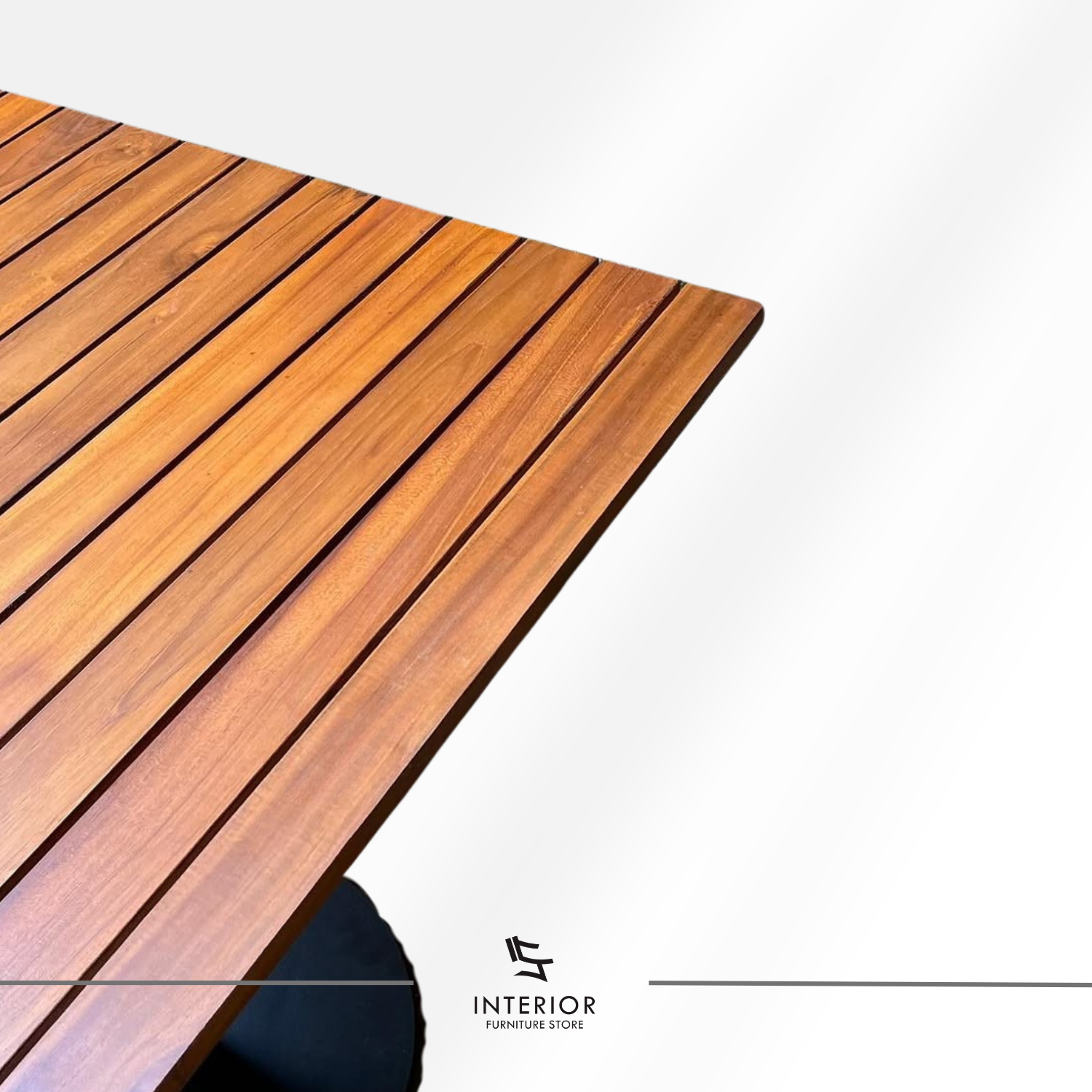 Mohini square outdoor table with solid teak slatted top and black metal pedestal base