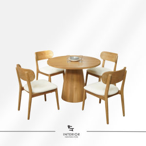 Naradipa round wooden dining set with solid wood table and four upholstered chairs