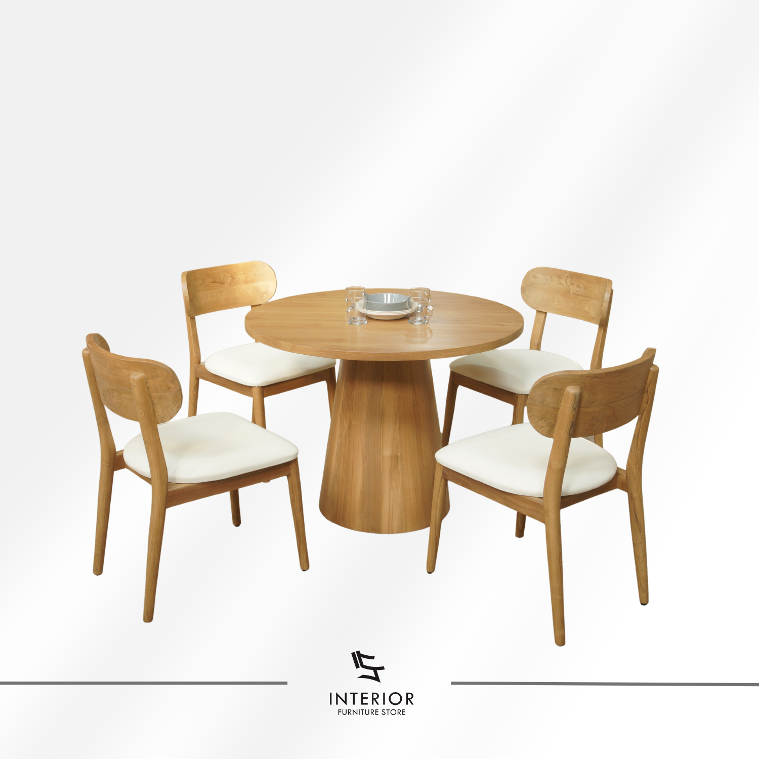 Naradipa round wooden dining set with solid wood table and four upholstered chairs