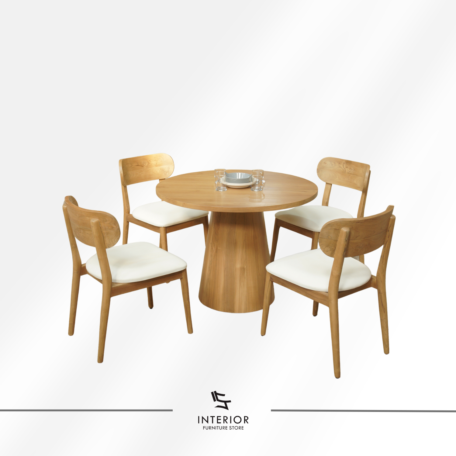 Naradipa round wooden dining set with solid wood table and four upholstered chairs