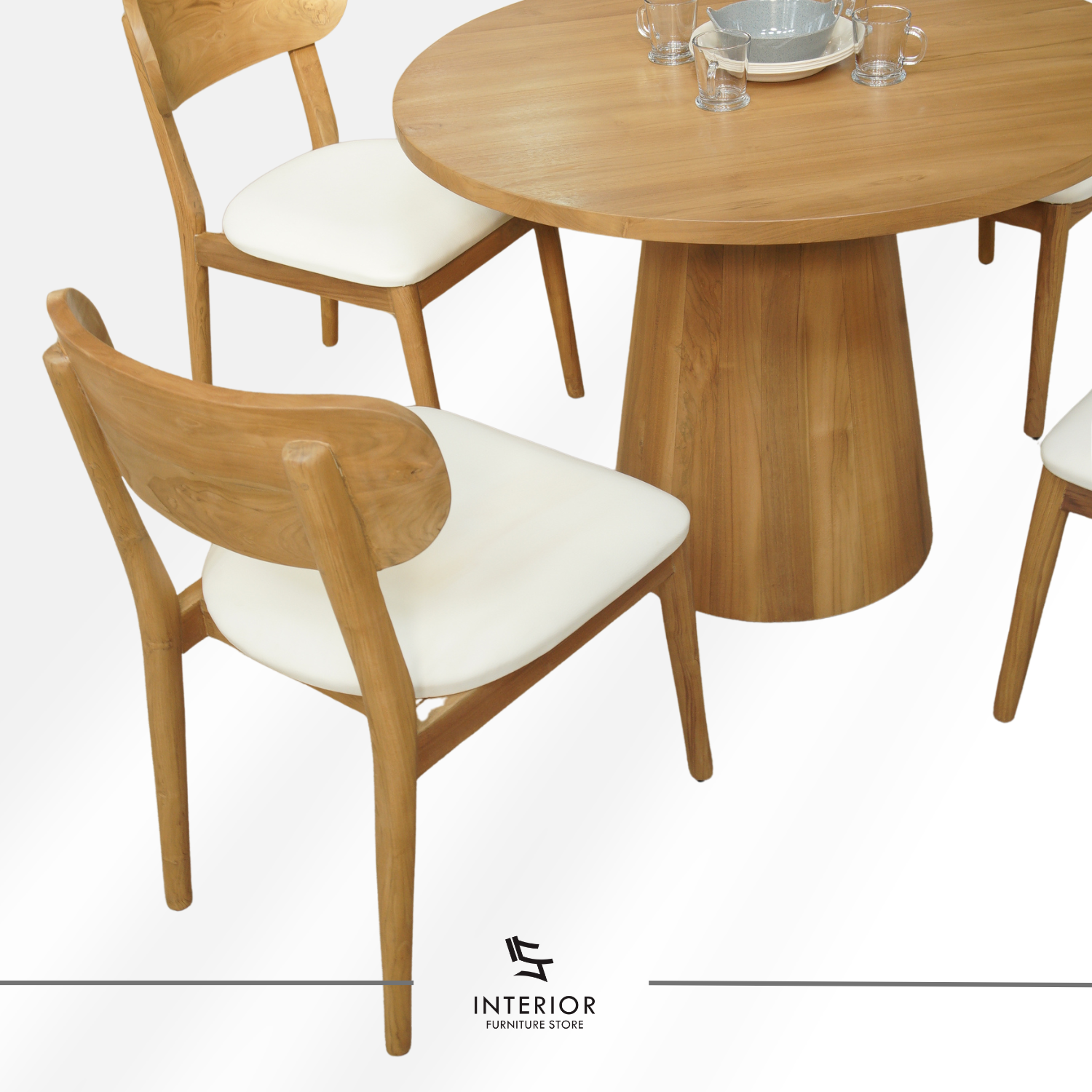 Naradipa round wooden dining set with solid wood table and four upholstered chairs