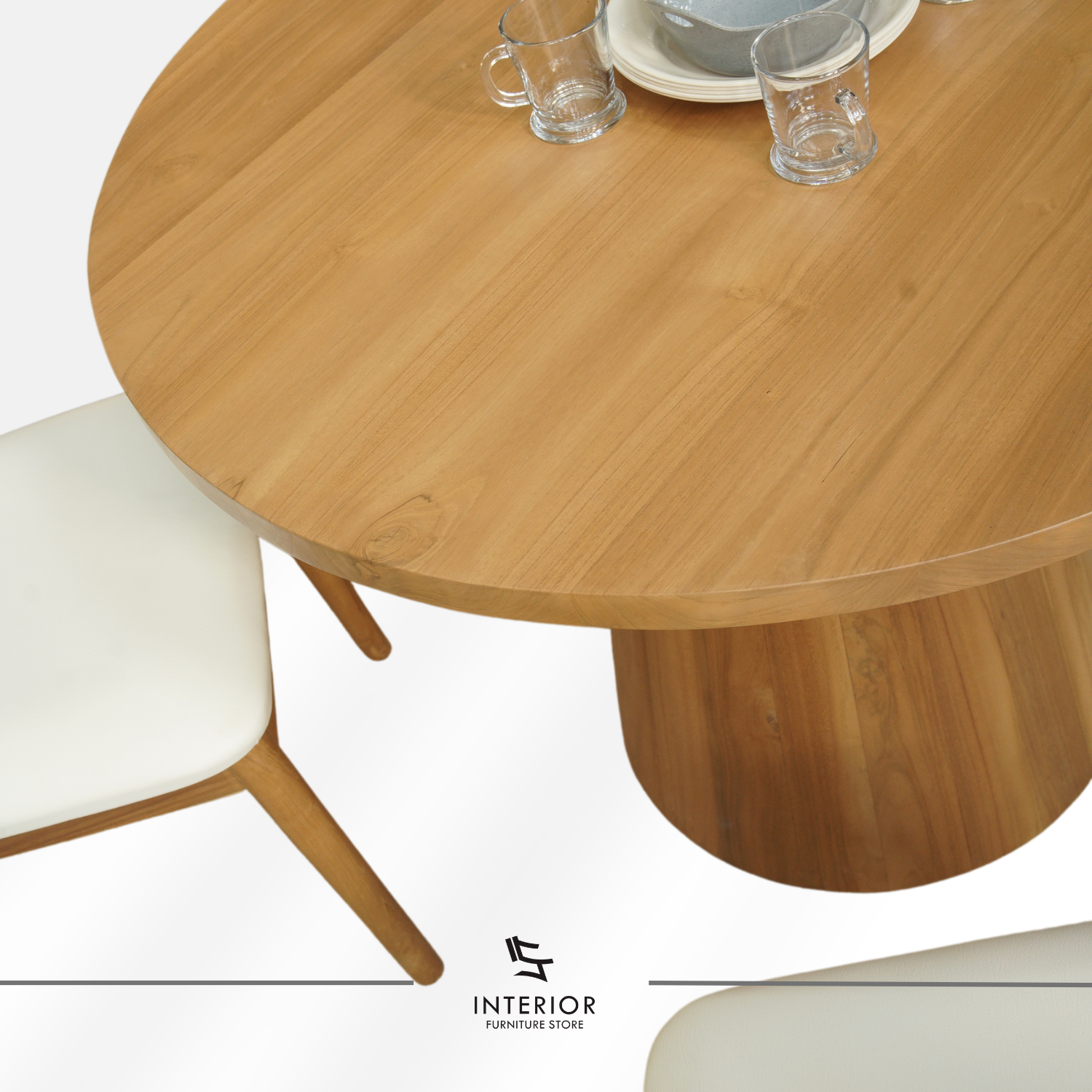 Naradipa round wooden dining set with solid wood table and four upholstered chairs