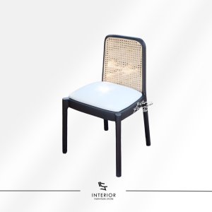 Adyatma modern cane dining chair with woven rattan backrest and upholstered seat