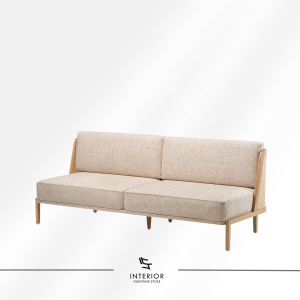 Arjavana wood frame sofa with fabric upholstery and woven cane detailing