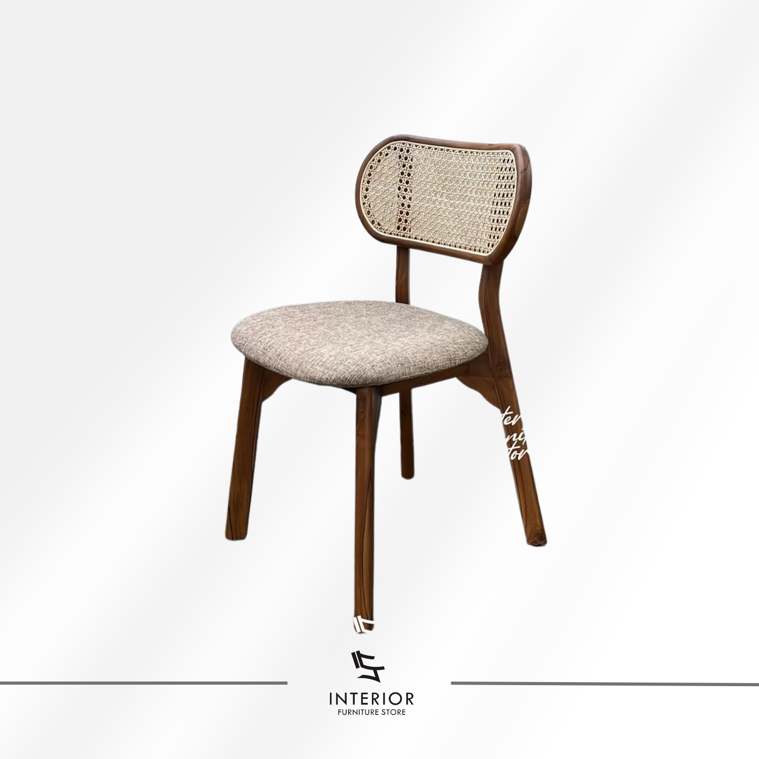 Kacang modern rattan dining chair with upholstered seat and woven cane backrest