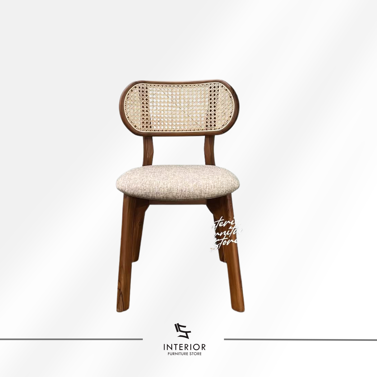 Kacang modern rattan dining chair with upholstered seat and woven cane backrest