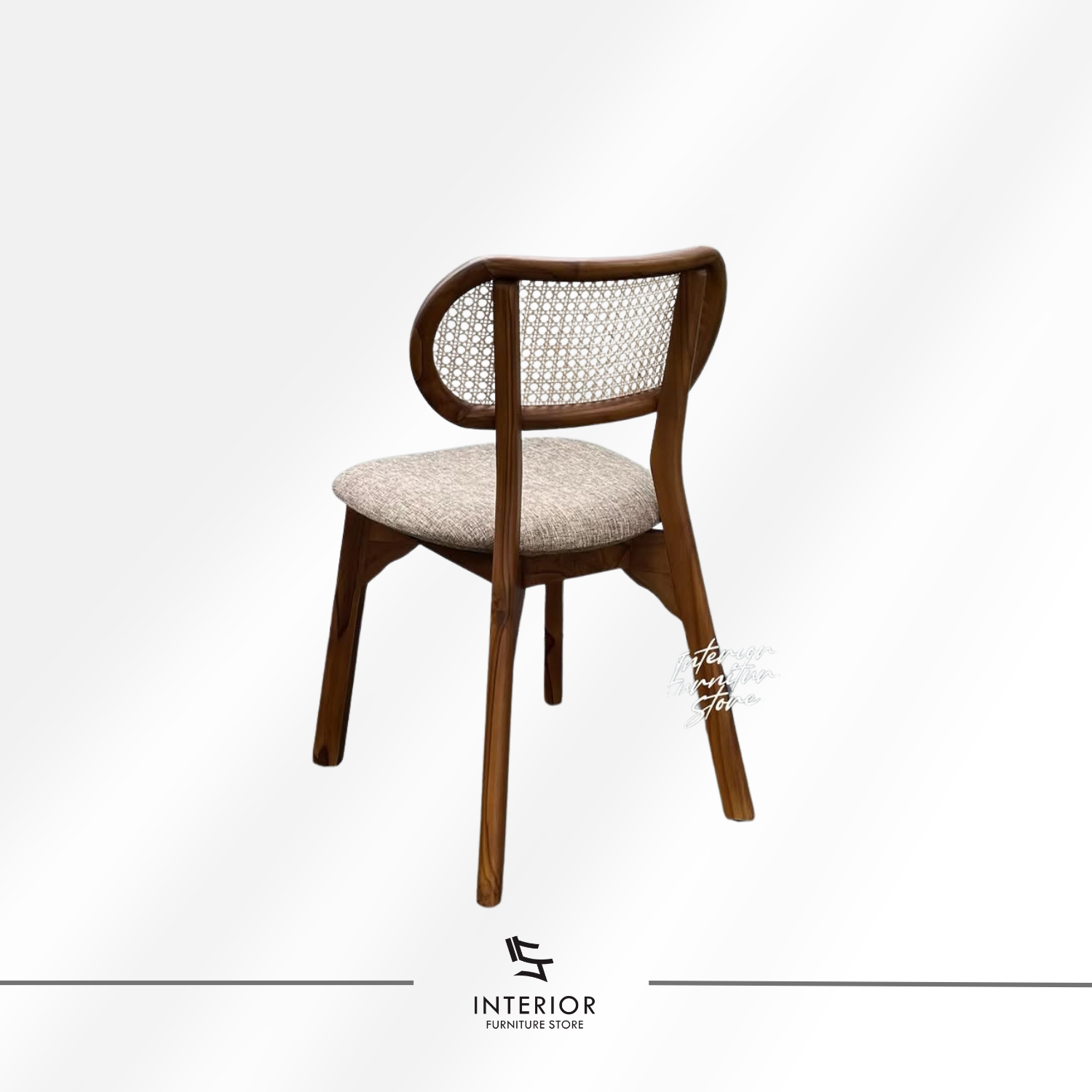 Kacang modern rattan dining chair with upholstered seat and woven cane backrest