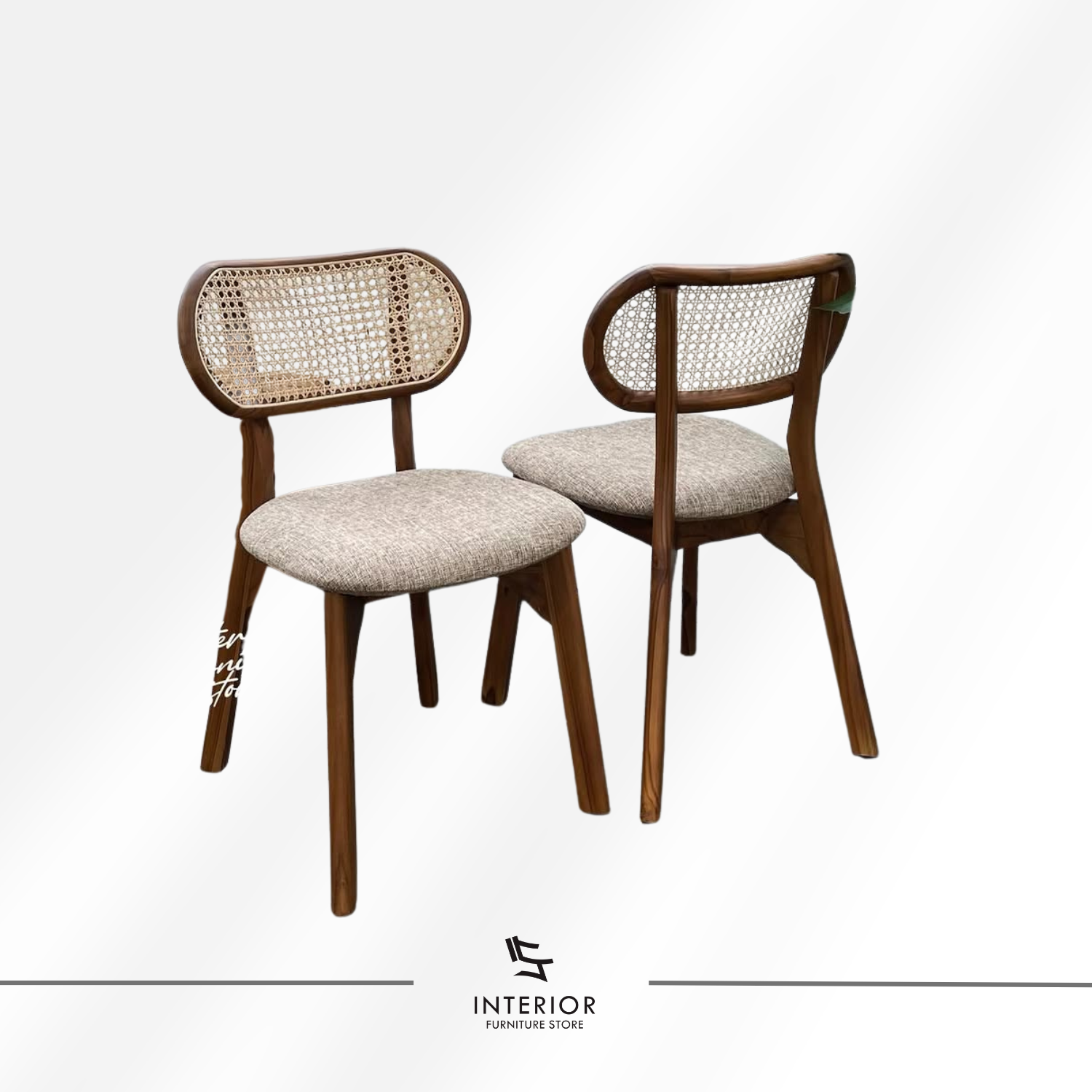 Kacang modern rattan dining chair with upholstered seat and woven cane backrest