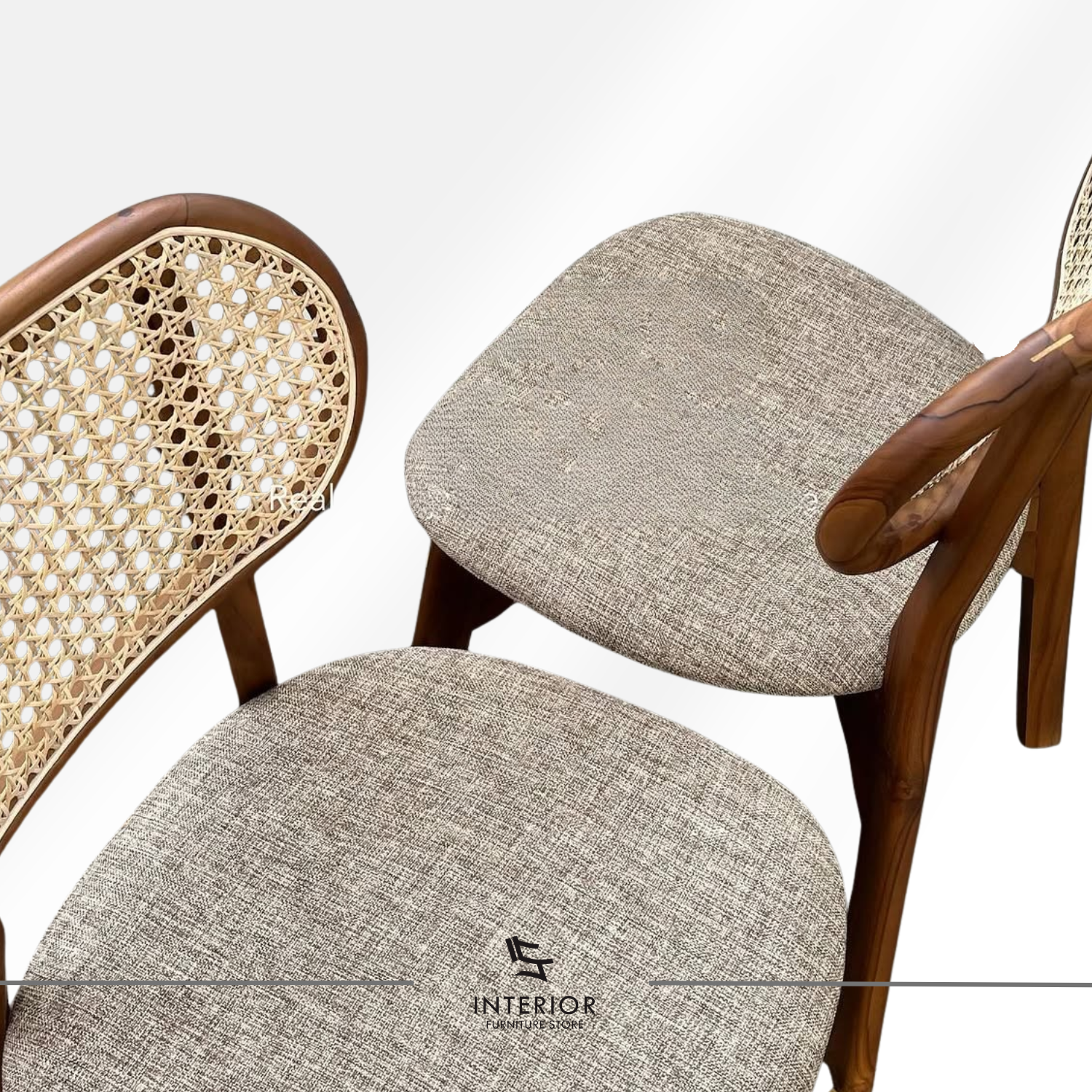 Kacang modern rattan dining chair with upholstered seat and woven cane backrest