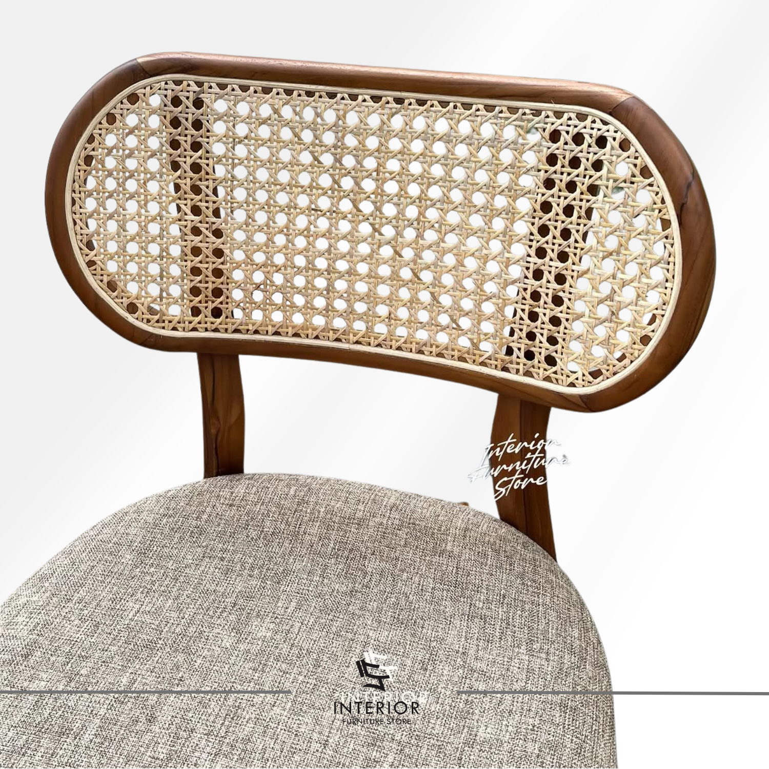 Kacang modern rattan dining chair with upholstered seat and woven cane backrest