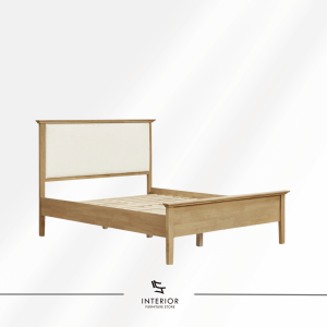Ranjaya wooden bed frame with upholstered headboard and natural wood finish