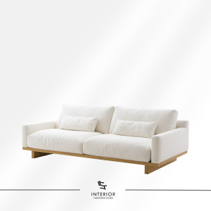Rayavira modern 2 seater sofa with plush cushions and natural wooden base