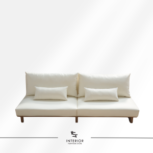Sora 2 seater sofa with plush cushions and wooden base