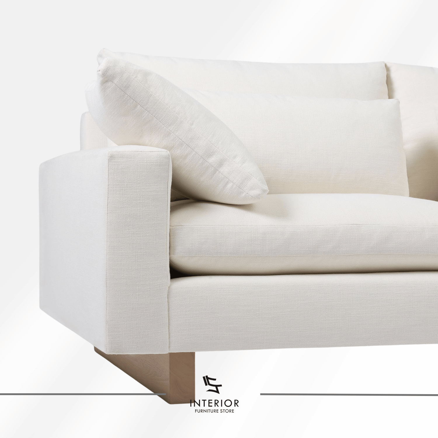 Avelia modern fabric sofa with soft layered cushions and wooden base