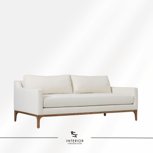 Calira modern upholstered sofa with soft cushions and natural wooden base