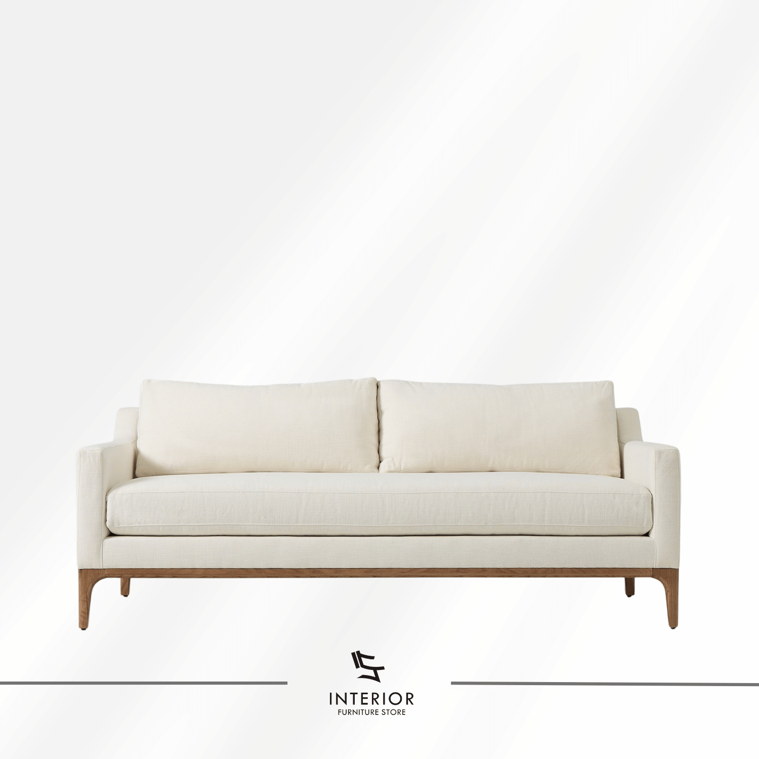 Calira modern upholstered sofa with soft cushions and natural wooden base