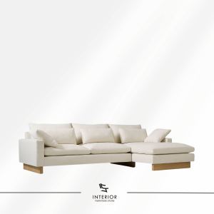 Orvian modern chaise sofa with soft layered cushions and wooden base