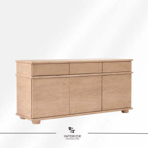 Virela wooden sideboard with three drawers, cabinet doors, and interior storage shelves