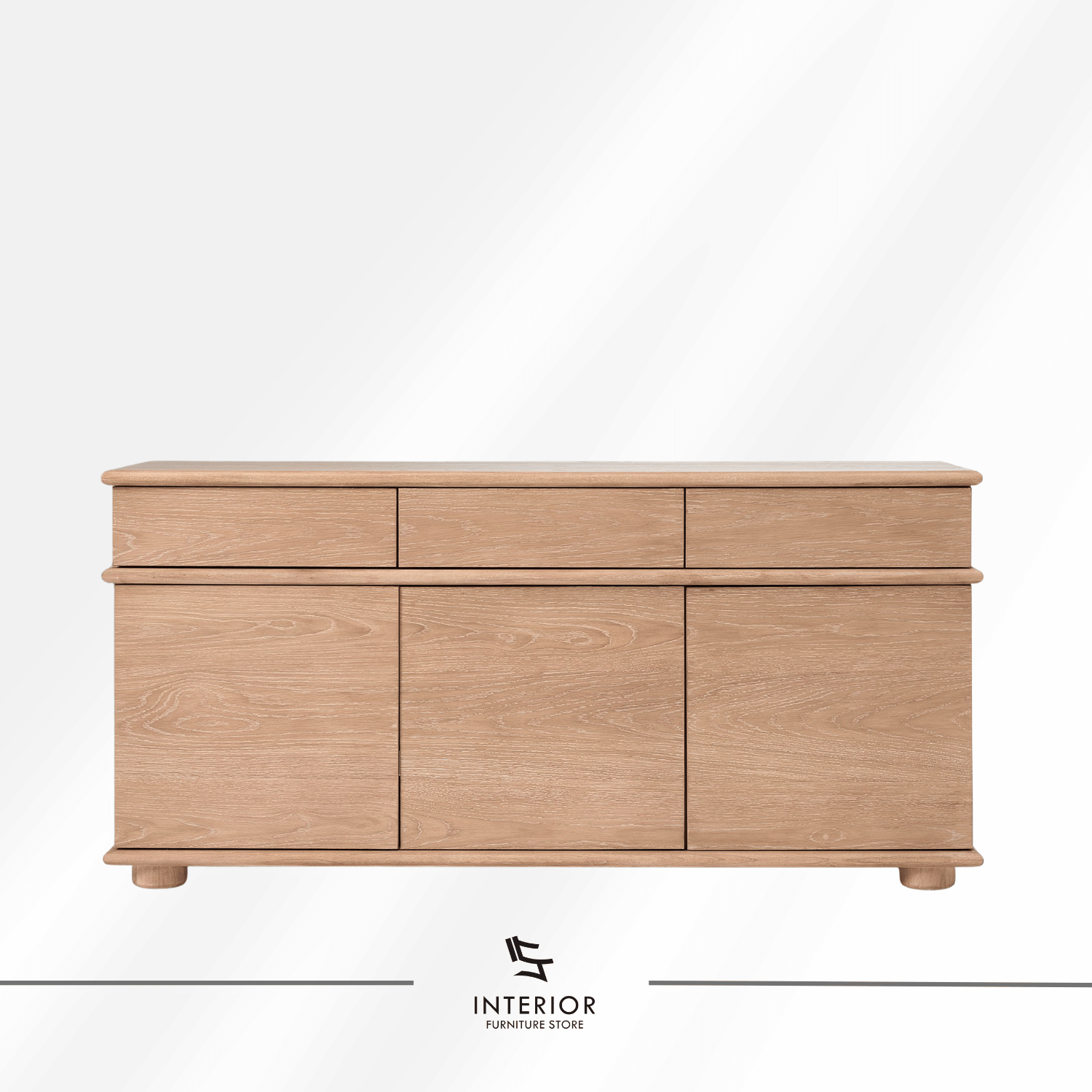 Virela wooden sideboard with three drawers, cabinet doors, and interior storage shelves