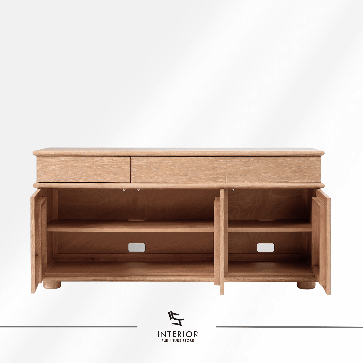 Virela wooden sideboard with three drawers, cabinet doors, and interior storage shelves
