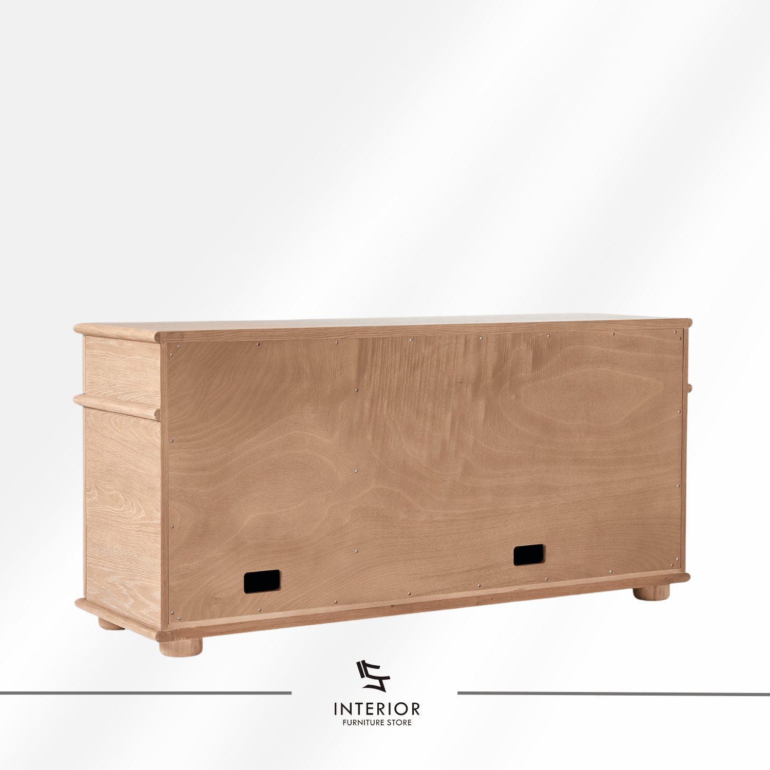 Virela wooden sideboard with three drawers, cabinet doors, and interior storage shelves