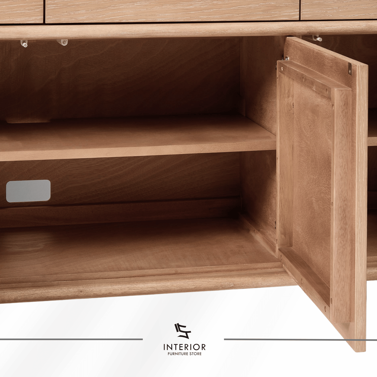 Virela wooden sideboard with three drawers, cabinet doors, and interior storage shelves