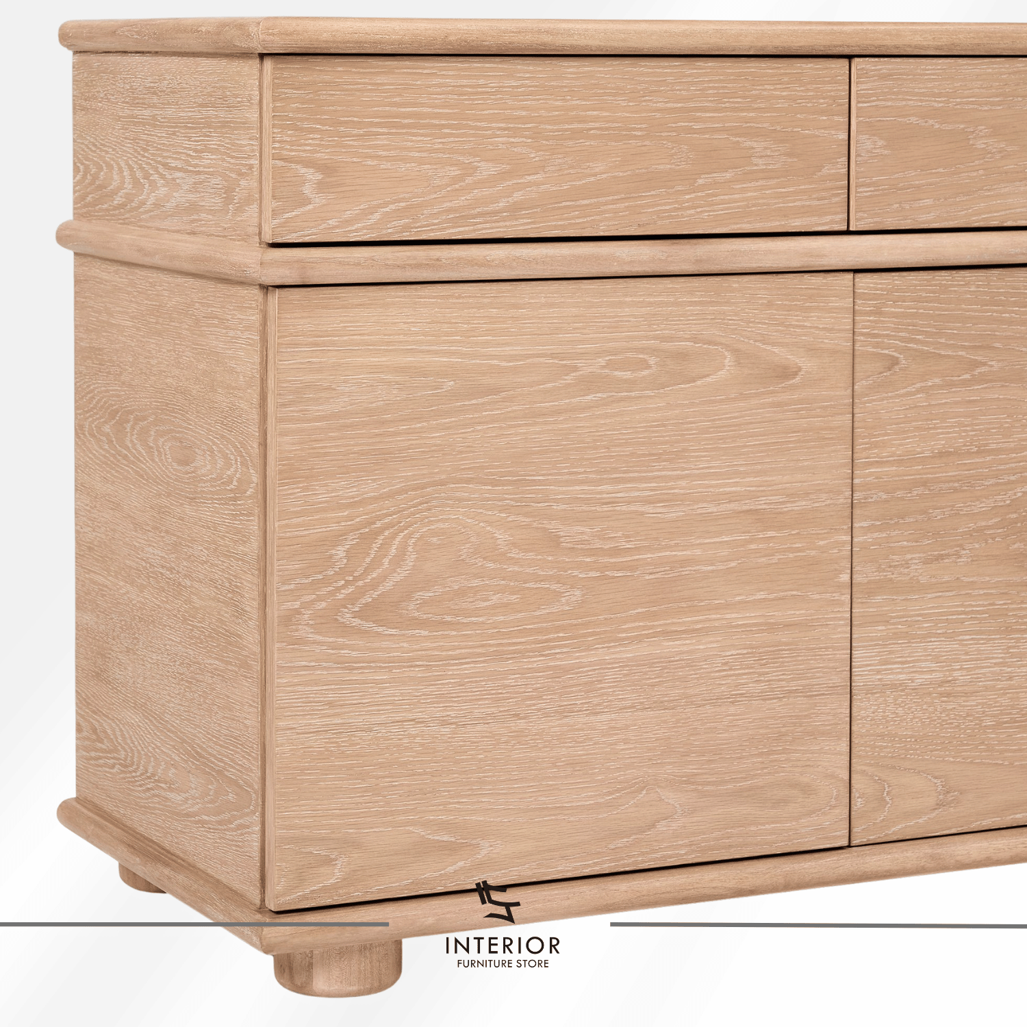 Virela wooden sideboard with three drawers, cabinet doors, and interior storage shelves