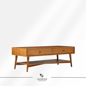 Astari wooden coffee table with two drawers, lower shelf, and tapered legs