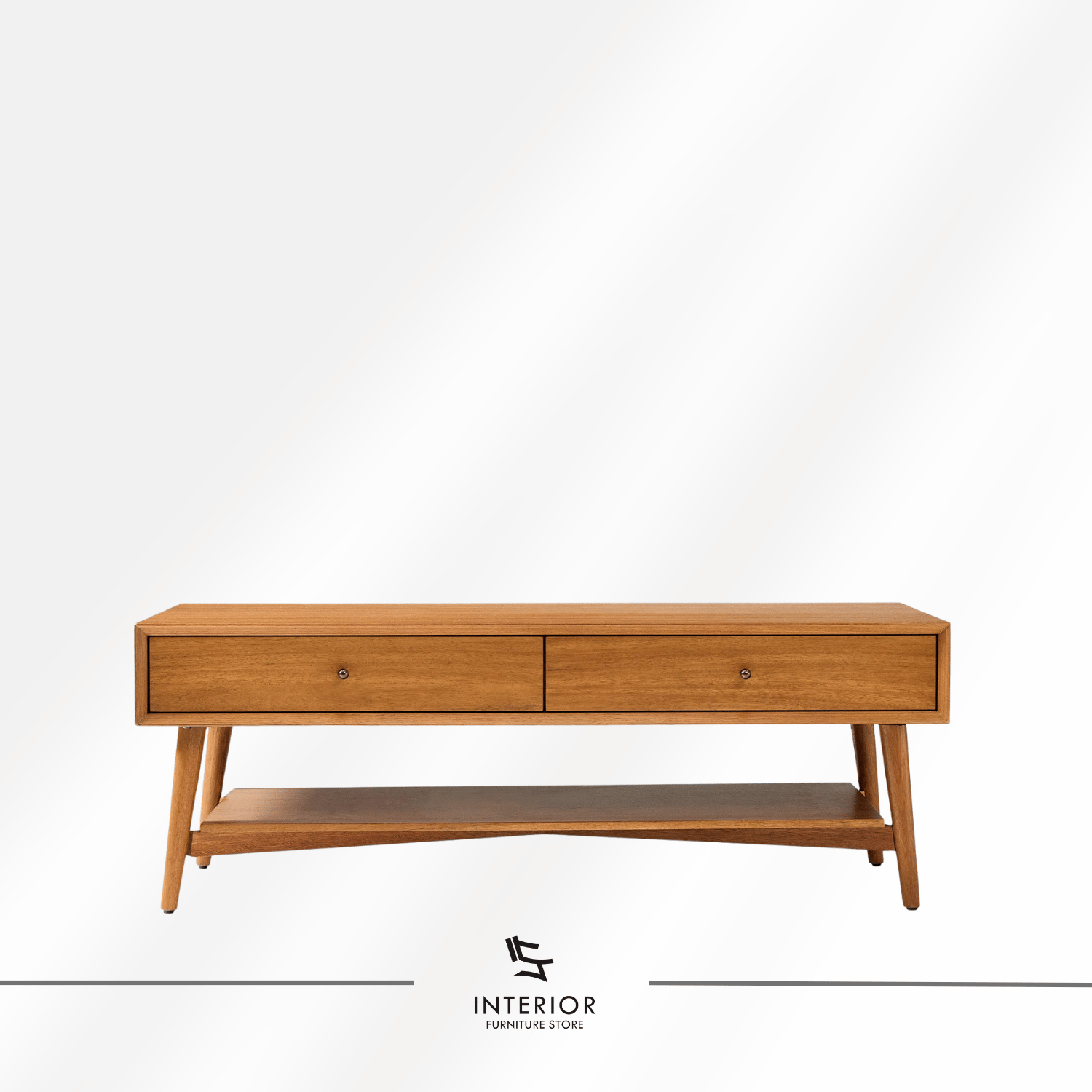 Astari wooden coffee table with two drawers, lower shelf, and tapered legs