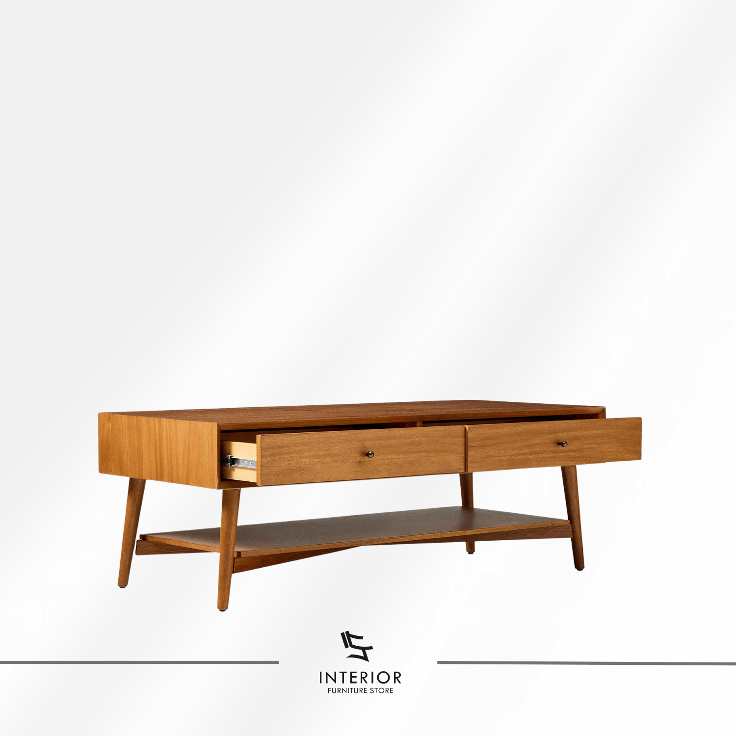 Astari wooden coffee table with two drawers, lower shelf, and tapered legs