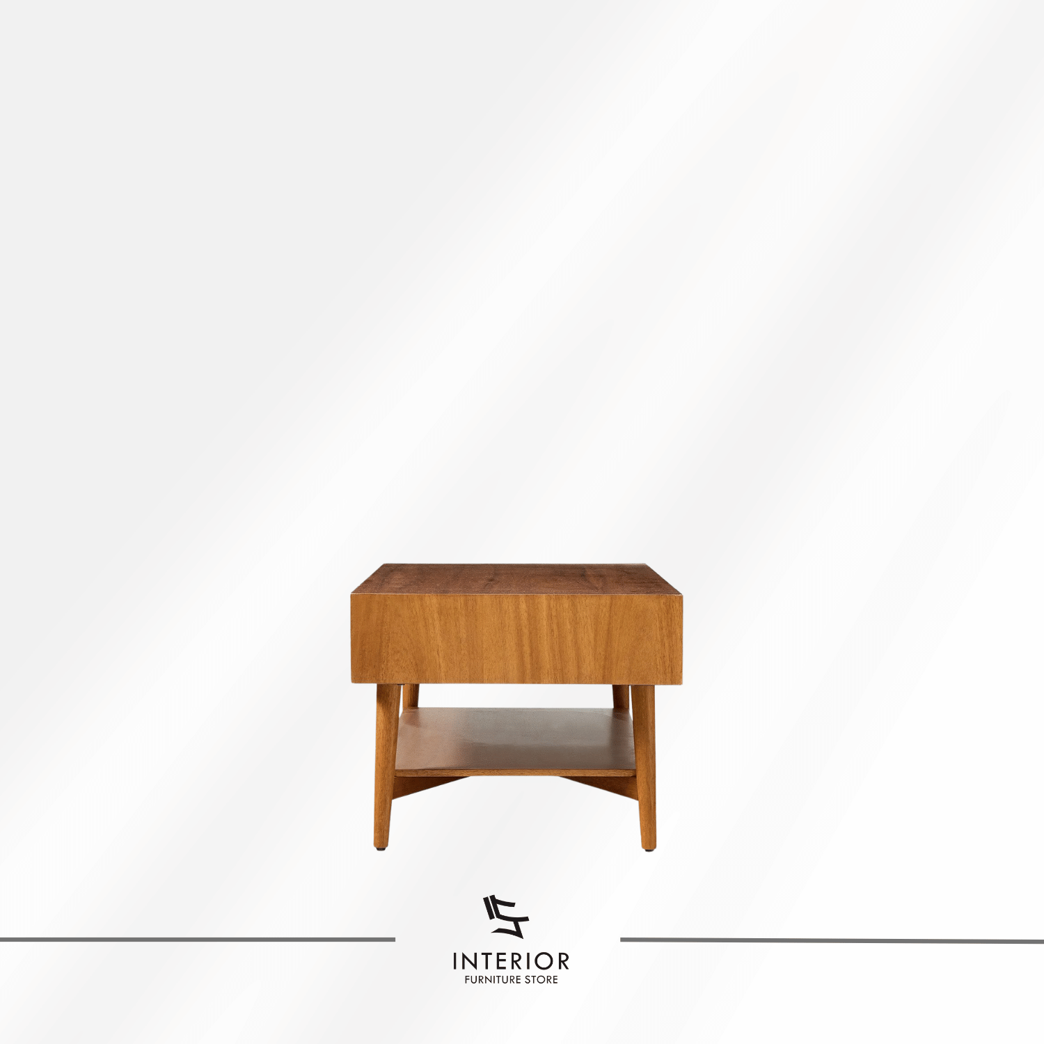 Astari wooden coffee table with two drawers, lower shelf, and tapered legs