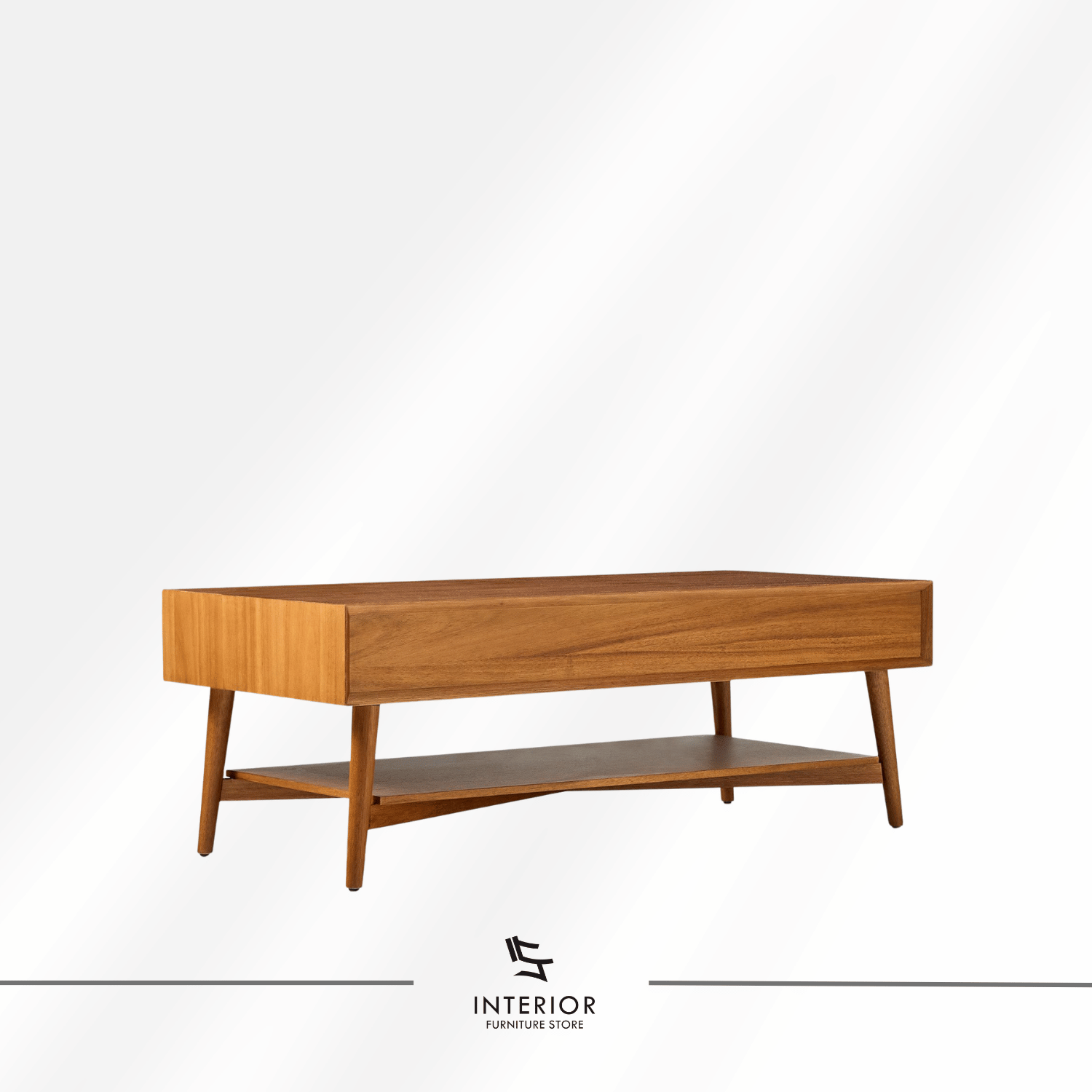 Astari wooden coffee table with two drawers, lower shelf, and tapered legs