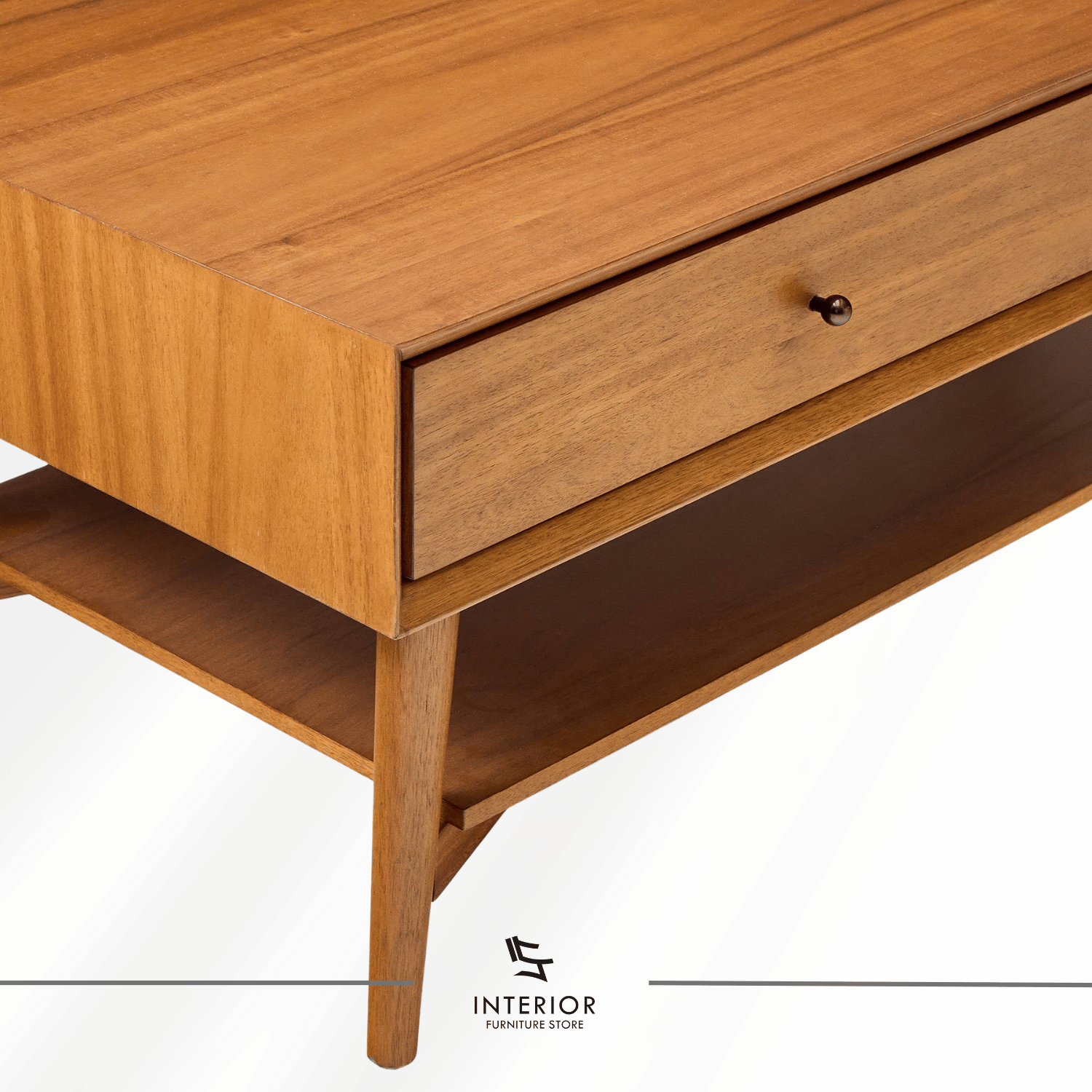 Astari wooden coffee table with two drawers, lower shelf, and tapered legs