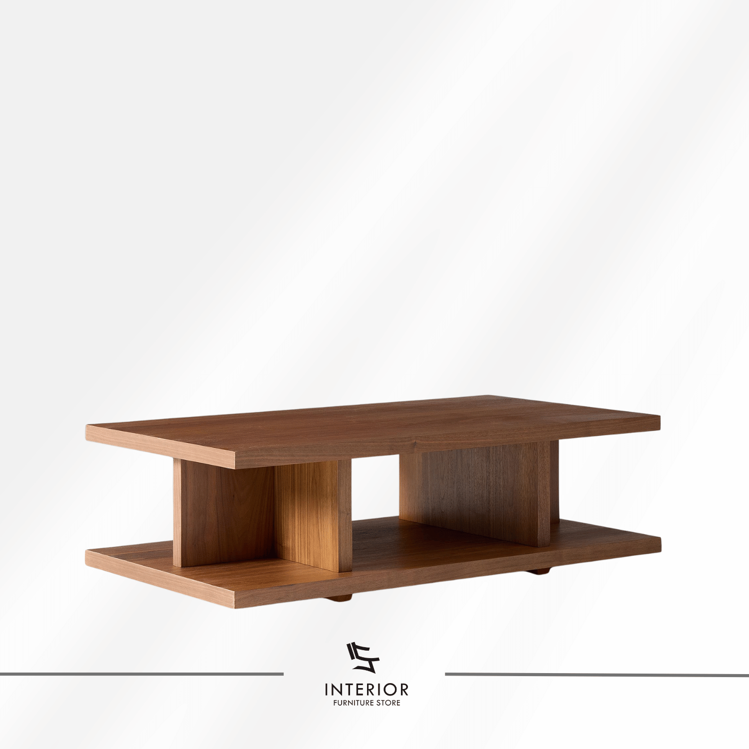 Darla modern wooden coffee table with a lower shelf and geometric supports