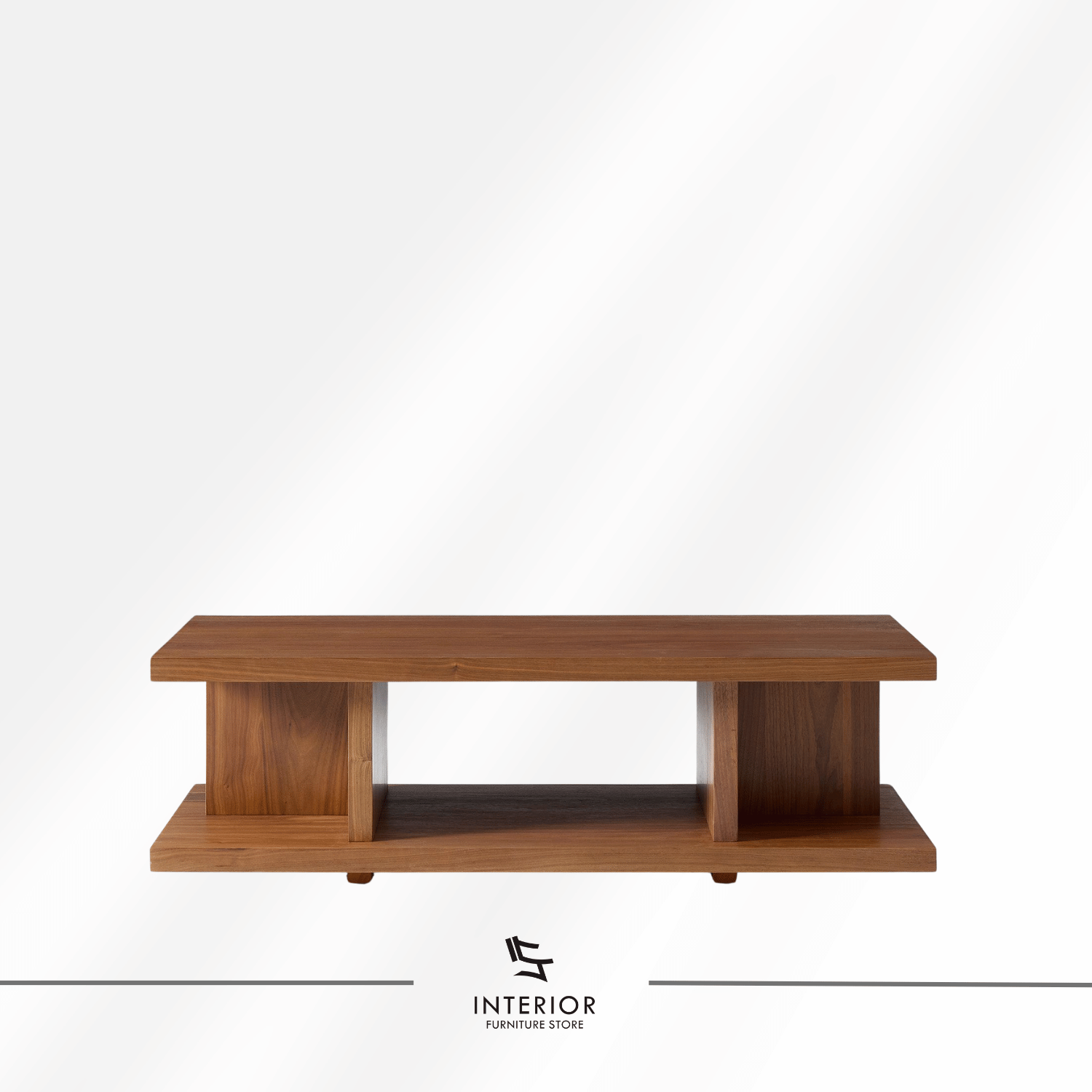 Darla modern wooden coffee table with a lower shelf and geometric supports